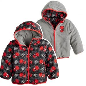 Spider-Man Reversible Puffer Toddler Boy Jacket, Size 2T Black Red Gray NEW